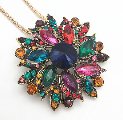 #ad Fashion Mixed Color Crystal Flower Pendant Long Necklace Brooch $6.99