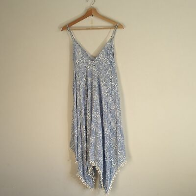 #ad Japna Blue White Sharkbite Hem Tassel Dress Women#x27;s Size Medium $25.00