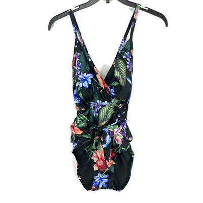 #ad Aqua Green Swimsuit Womens Medium Black Multicolor Floral Tie Waist One Piece $9.99