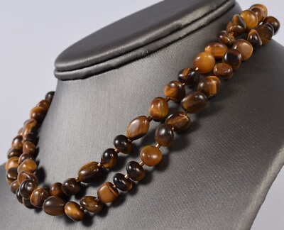 #ad 29quot; Natural Fierce Tiger#x27;s Eye Brown Pebble Beaded Necklace Sterling Silver 925 $38.00