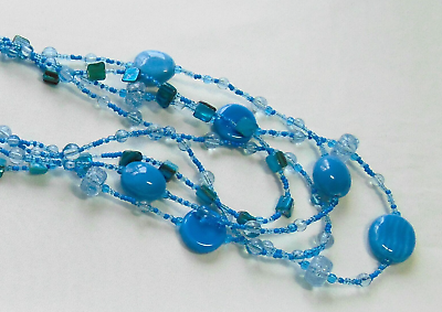 #ad Vintage Blue Mixed Material Bead 4 Strand Long Necklace L36quot; $9.99