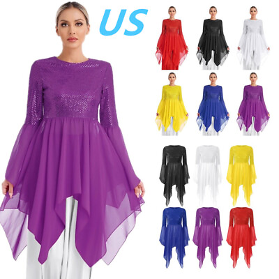 #ad US Women Praise Lyrical Dance Dress Flared Sleeve Liturgical Worship Tunic Dress $5.99