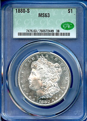 #ad 1880 S CACG MS63 Morgan Silver Dollar $1 US Mint Cameo PL Obv 1880 S MS 63 CAC $159.95