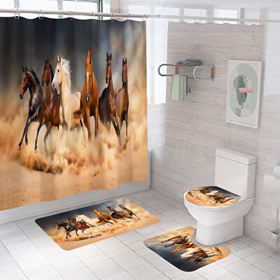 #ad Horse Shower Curtain Bathroom Set Thickened Floor Mat Anti skid Toilet Cover* $40.79
