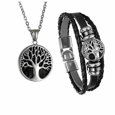 #ad 2PCS Tree of Life Charm Pendant Necklace amp; Leather Bracelet Sets Stainless Steel $12.99