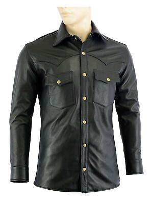 #ad Men#x27;s Soft Black Leather Slim Fit Full Sleeve Button up Shirt $64.99