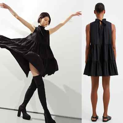 #ad NEW Rhode Poplin Sleeveless Halter Neck Tiered Black Mini Dress $228.00