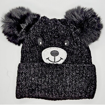 #ad Black Teddy Bear Knit Pom Pom Kids Beanie Sherpa Lined Soft amp; Winter Hat Gift $7.99