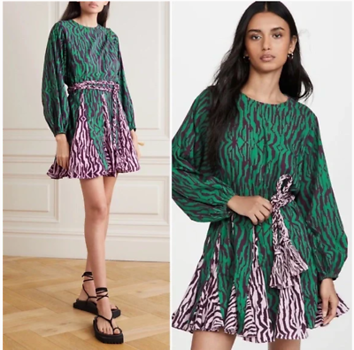 #ad RHODE Ella Dress Green Pink Pixelated Zebra Fit and Flare Cotton Belted size S $145.00