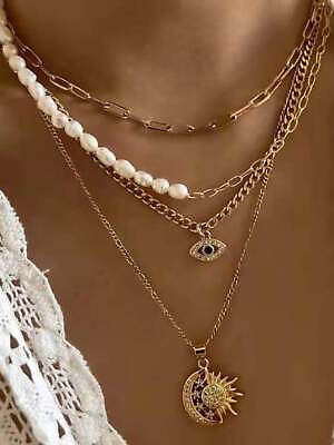 #ad 1pc Star Moon Sun Pendant amp; Pearl Layered Necklace With Eye Symbol $5.32