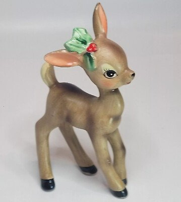 #ad Josef Originals Christmas Reindeer Figurine HollyBerry Big Eyes Japan Sticker $124.95