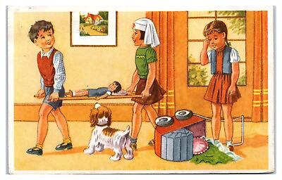 #ad Postcard Comic Kids Carrying Stretcher with Hurt Doll Fallen From Stroller $8.75
