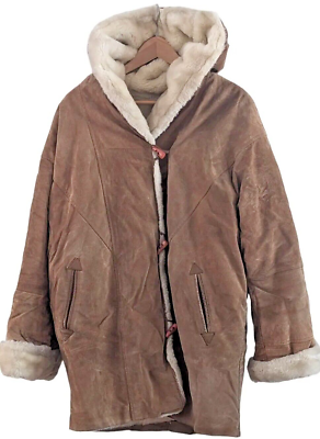 #ad Suede Reversible Teddy Bear Coat M Hood White Faux Fur JC Percy Marvin Richards $39.68