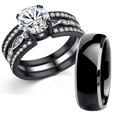 #ad His Titanium Hers Black Stainless Steel Bridal Wedding Engagement Ring Band Set $34.49