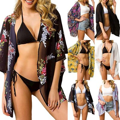 #ad Women Floral Cardigan Kimono Shawl Beach Cover Up Tops Bohemian Blouse Coat❀ $11.01