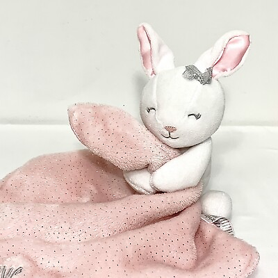 #ad Baby Starters Pink Lovey White Bunny w Rattle Silver Accents Security Blanket $14.00