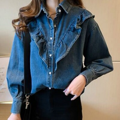 #ad Lady Denim Shirt Ruffle Long Sleeve Classic Blue Jean Tops Blouse Casual Fashion $30.39