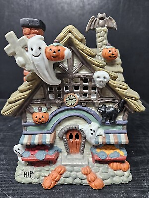 #ad Spooky Hollow Porcelain Lighted Haunted Halloween House w Cord amp; Bulb In Box $24.04