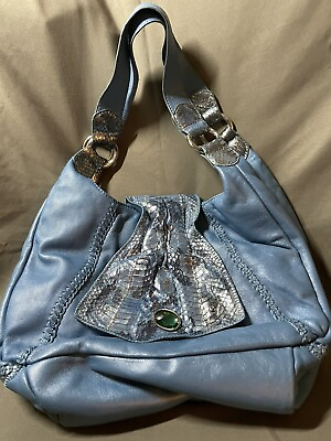 #ad Carlos Falchi CHI Leather Snakeskin Shoulder Bag Boho Large Stitch Metallic Blue $24.99