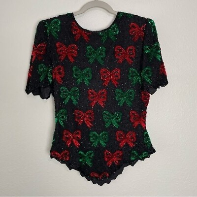 #ad Laurence Kazar vintage silk beaded sequin green red bow blouse top L $39.99