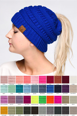 #ad C.C Exclusive Beanie tail Ponytail Messy Bun Solid Ribbed Knit Beanie Hat Cap $14.99