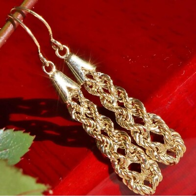 #ad 10k yellow gold earrings 1.55quot; dangle rope vintage handmade 1.10gr $275.00