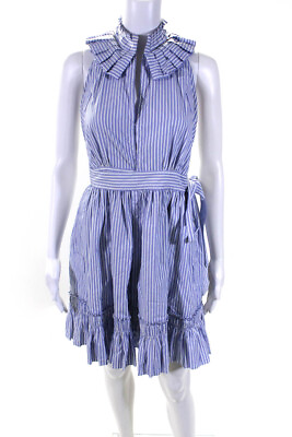 #ad Alexis Womens Cotton Striped Ruffled Halter Belted A Line Dress Blue Size 0 $109.79