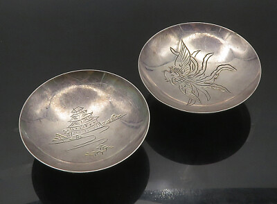#ad JAPANESE 925 Silver Vintage 2 Pcs Detailed Round Footed SAKI Bowls TR2528 $333.66
