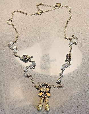 #ad Betsy Johnson Goldtone Bow Shoes Flowers Ballet Ballerina Blue Crystals Necklace $20.00