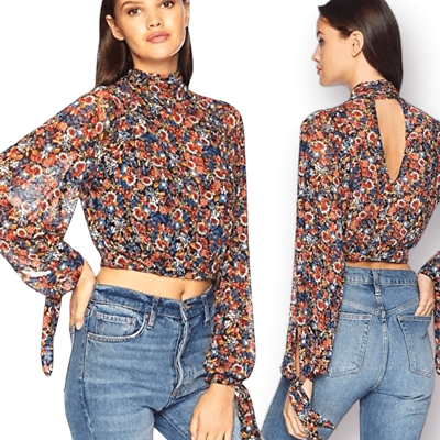 #ad FREE PEOPLE ALl DOLLED UP MOCK NECK CROP TOP floral black mesh blouse NWT Medium $34.00