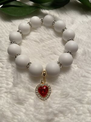 #ad NEW Luxury Pearl Dog Cat Necklace w Red Cubic Zirconia Heart Silicone Beads XXS $11.00
