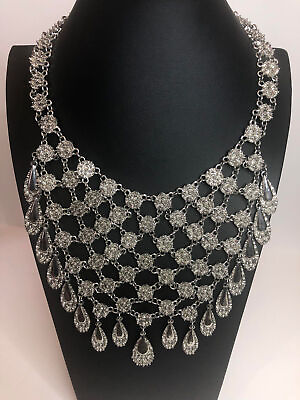#ad 398 silvertone Bib dangle drop teardrop bold statement necklace $11.99