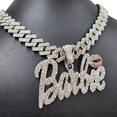 #ad Women Silver Plated Barbie Bling Charm Iced Cubic Zirconia Cuban Chain Necklace $36.99
