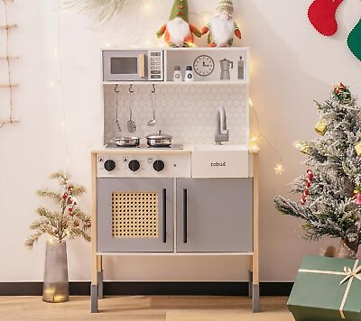 #ad Robud Grey Wooden Kitchen Kids Playset Pretend Cooking Set with Real Sound Light $95.99