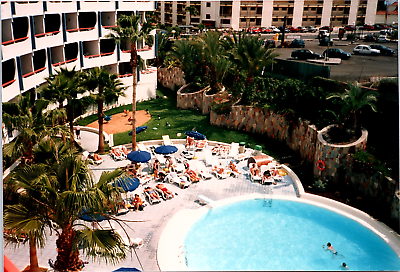 #ad 1990s Found Photo Crowded Hotel Swimming Pool Tourists Vacation Spain Sunny $5.99