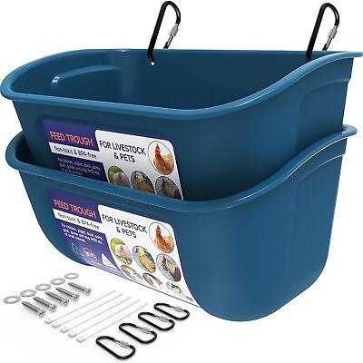#ad 2 Pk 5 Quart Blue Chicken Feeder Waterer Hanging or Screw in Fence Feeder Clips $28.41