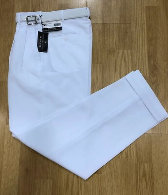 #ad MEN#x27;S WHITE PLEATED DRESS PANTS SLACKS TROUSERS WHITE BELT CUFFED BOTTOMS NEW $39.99