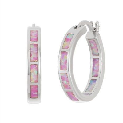 #ad Sterling Silver Pink Inlay Opal Hoop Earrings $76.00
