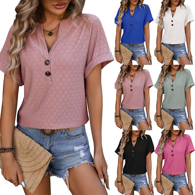 #ad Tops for Women Trendy V Neck Button Sleeve Casual T Shirt Summer Loose Blouse $26.87