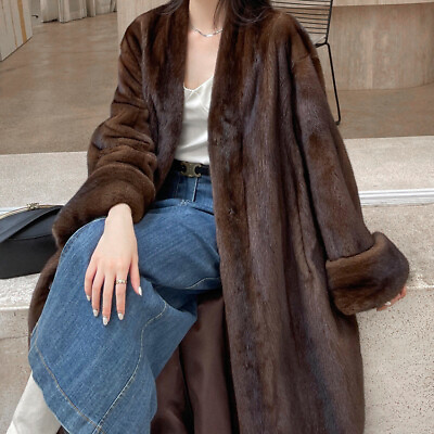 #ad Noble Women#x27;s V neck Long Mink Coat Fur Collar Overwear Parka Outwear S 6XL $170.05