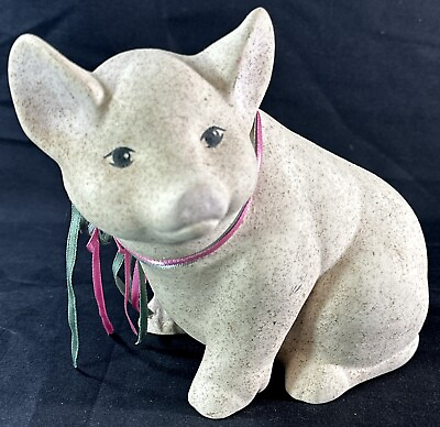 #ad Vintage Ceramic Pig Figurine Decor With Ribbon Countryside Style Signed Regina $7.63