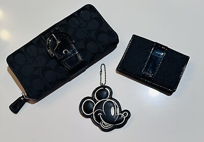 #ad Disney X COACH Mickey Mouse Leather Bag Charm Black Logo Wallet amp; Card Holder $38.00