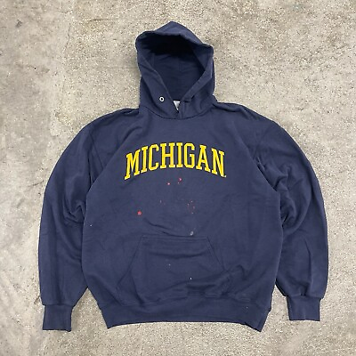 #ad Vintage y2k Michigan University Navy Blue Hoodie Sweatshirt Size Large RARE 00s $22.00