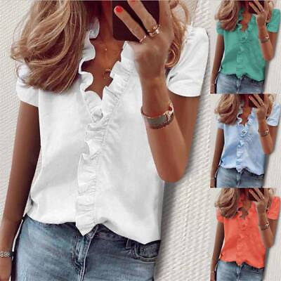 #ad Womens T Shirt Short Sleeve Ladies Blouse V neck Summer Loose Pure Tops $15.77