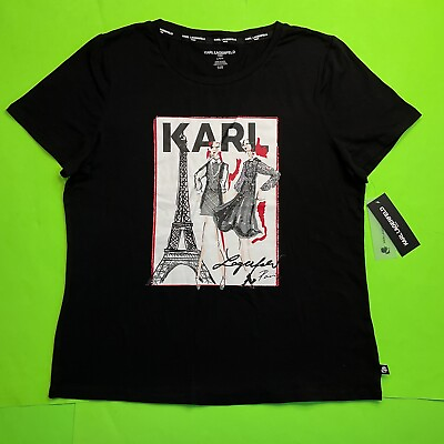 #ad New KARL LAGERFELD Women’s Short Sleeve T Shirt Paris LARGE Black w White Red $39.90