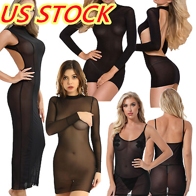 #ad US Womens Sheer Mesh Mini Dress Bodycon Tube Dress See Through Night Clubwear $9.89