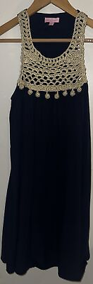 #ad Lilly Pulitzer Crochet Lace Scoop Neck Dress Navy Blue Size Gold XXS. RN # Label $17.00