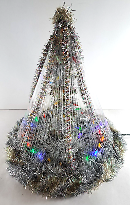 #ad Vintage Tabletop Christmas Tree Fishing Line Silver Garland Tinsel Lighted 18quot; $61.06