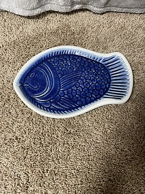 #ad Blue amp; White Salt Glaze Stoneware Fish Platter Plate Coastal Nautical Beach 13quot; $20.00