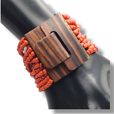 #ad Vintage Red Orange Seed Bead Wood Buckle Stretch Wide Bracelet Boho $24.00